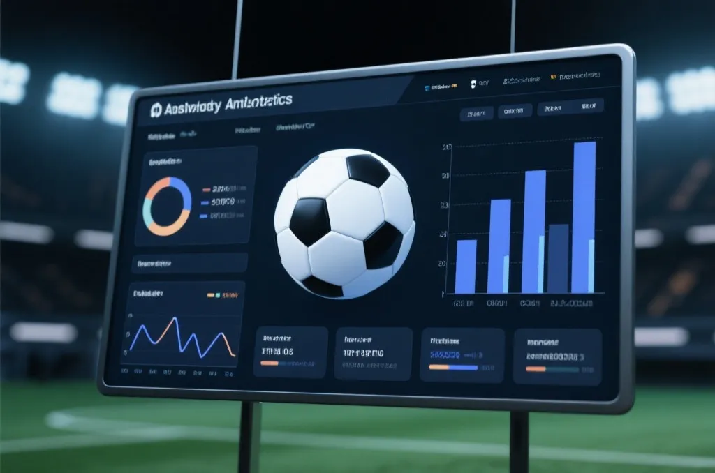 Abstract digital screen displaying sports analytics with bar charts and a generic soccer ball graphic